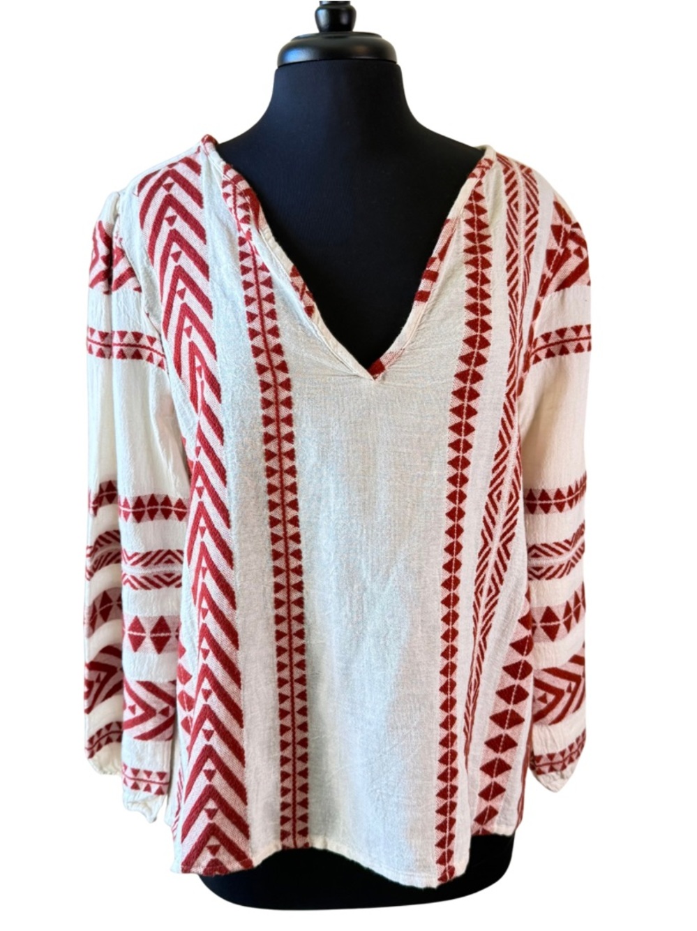 DYLAN Boho V-Neck Embroidered Peasant Top Size XL Cream Rust Red
